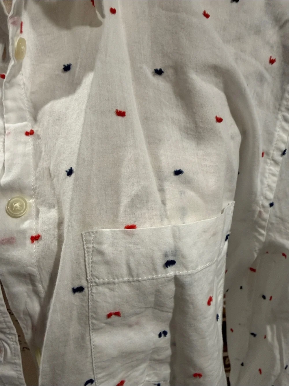 GAP White Button-Down Shirt with Red & Navy Micro Dots